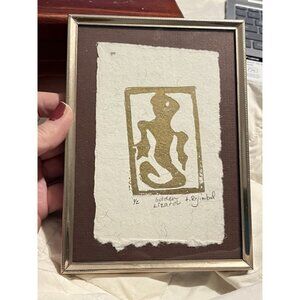 VTG Lino Block Print Miniature Original Art Signed Framed Handmade Paper Lizard